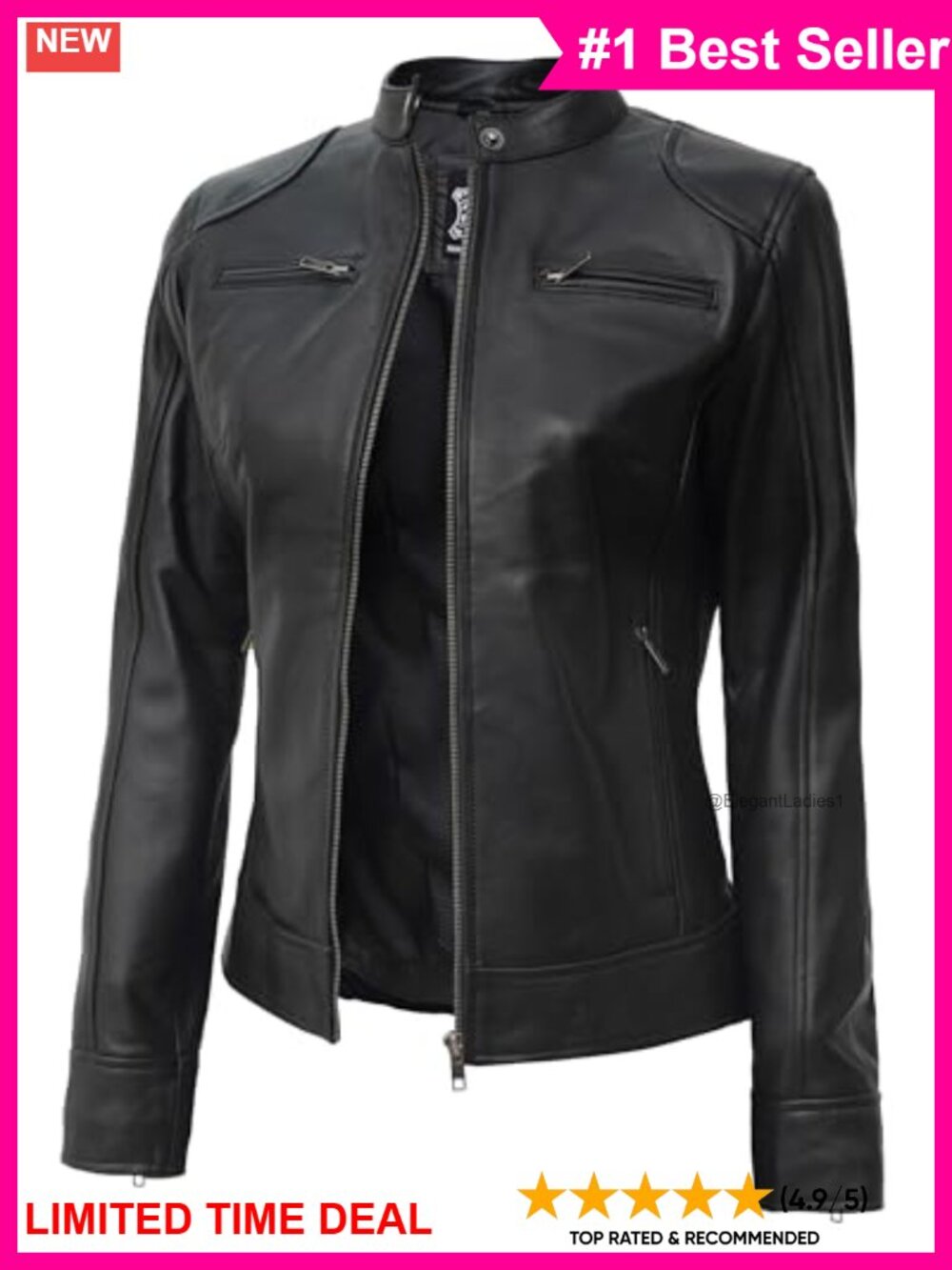 Women's Lambskin Leather Jacket Cafe Racer Quilted Zip Cuff Moto Coat